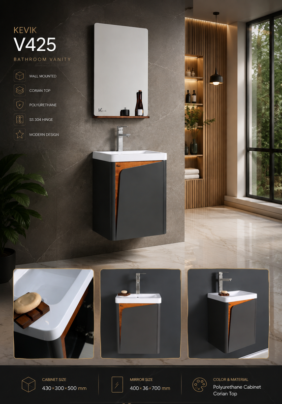 فول ست روشویی کابینتی دیواری Kevik مدل V425 با صفحه کورین